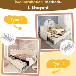 Lit Banquette 90x200 cm - Lit Enfant Capitonné avec 2 Tiroirs de Rangement et Sommier à Lattes, en Velours - sans Matelas - Beige