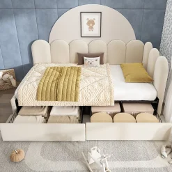 Lit Banquette 90x200 cm - Lit Enfant Capitonné avec 2 Tiroirs de Rangement et Sommier à Lattes, en Velours - sans Matelas - Beige