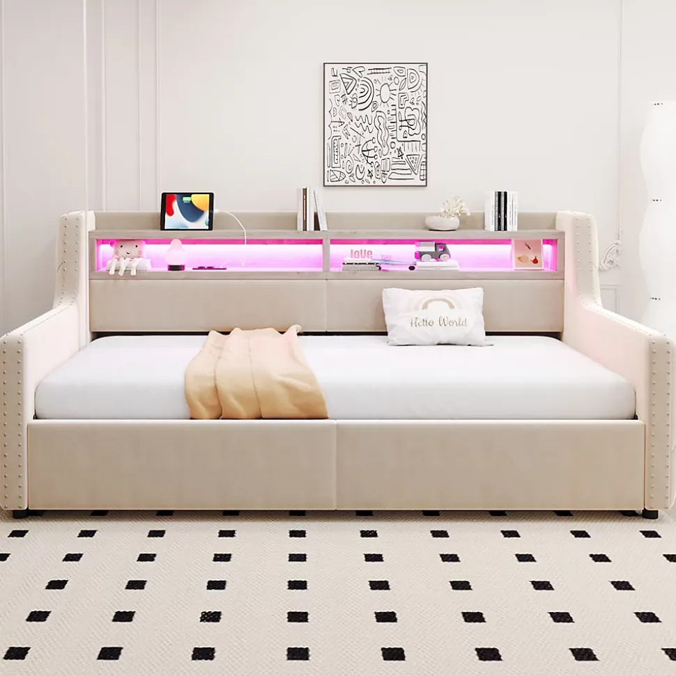 Lit Banquette 90x200 cm en Velours avec Éclairage LED, Prise Électrique et Ports USB - Sans Matelas - Beige