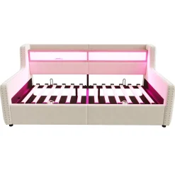 Lit Banquette 90x200 cm en Velours avec Éclairage LED, Prise Électrique et Ports USB - Sans Matelas - Beige