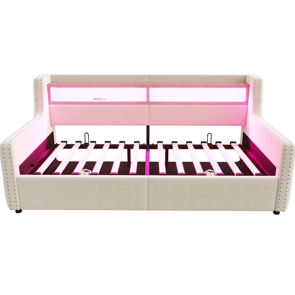 Lit Banquette 90x200 cm en Velours avec Éclairage LED, Prise Électrique et Ports USB - Sans Matelas - Beige
