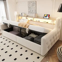 Lit Banquette 90x200 cm en Velours avec Éclairage LED, Prise Électrique et Ports USB - Sans Matelas - Beige