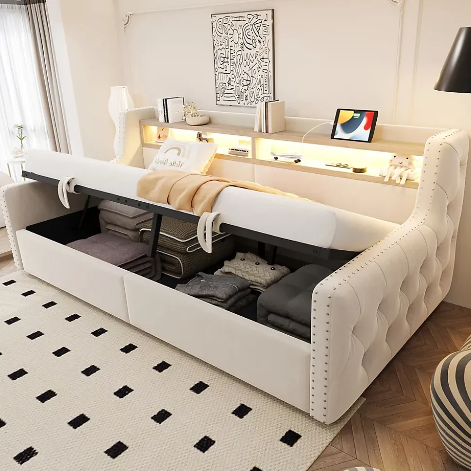 Lit Banquette 90x200 cm en Velours avec Éclairage LED, Prise Électrique et Ports USB - Sans Matelas - Beige