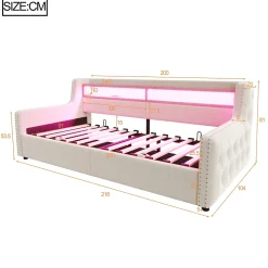 Lit Banquette 90x200 cm en Velours avec Éclairage LED, Prise Électrique et Ports USB - Sans Matelas - Beige