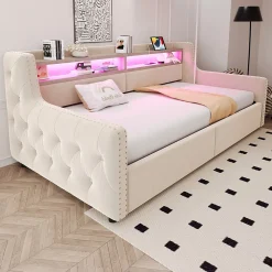 Lit Banquette 90x200 cm en Velours avec Éclairage LED, Prise Électrique et Ports USB - Sans Matelas - Beige