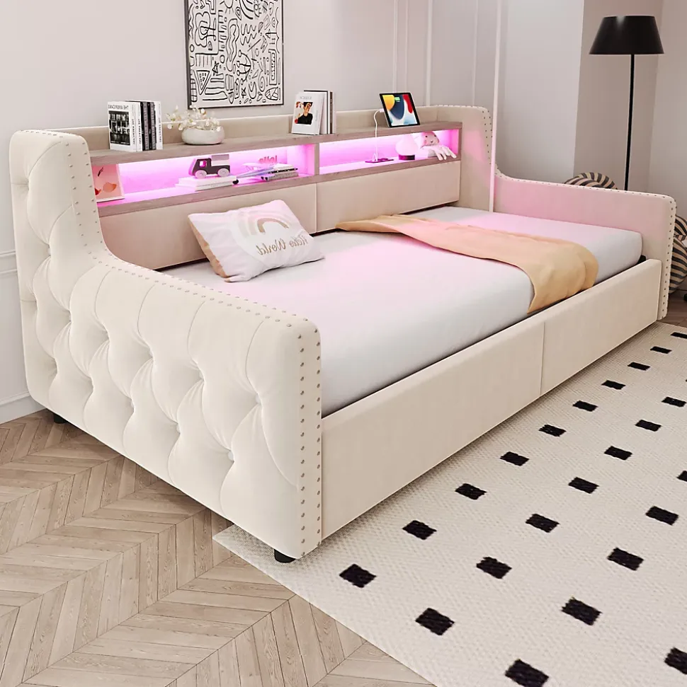 Lit Banquette 90x200 cm en Velours avec Éclairage LED, Prise Électrique et Ports USB - Sans Matelas - Beige
