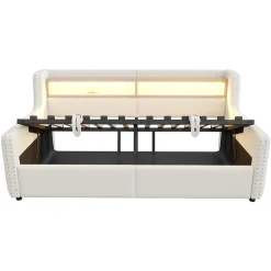 Lit Banquette 90x200 cm en Velours avec Éclairage LED, Prise Électrique et Ports USB - Sans Matelas - Beige