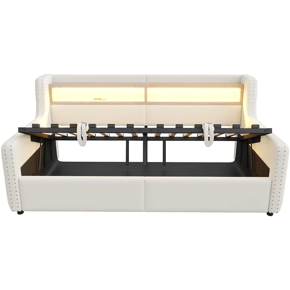 Lit Banquette 90x200 cm en Velours avec Éclairage LED, Prise Électrique et Ports USB - Sans Matelas - Beige