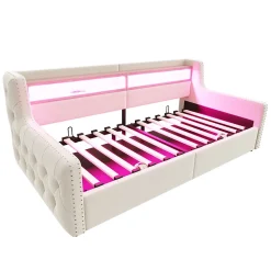 Lit Banquette 90x200 cm en Velours avec Éclairage LED, Prise Électrique et Ports USB - Sans Matelas - Beige
