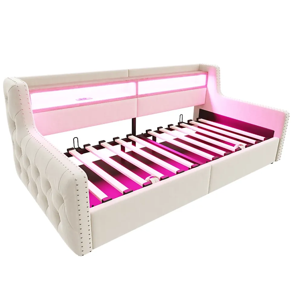 Lit Banquette 90x200 cm en Velours avec Éclairage LED, Prise Électrique et Ports USB - Sans Matelas - Beige