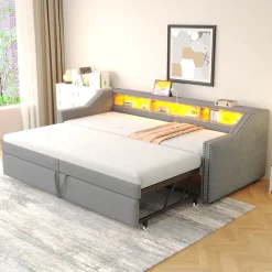 Lit banquette 90x200+180x200 cm gigogne avec rangement, éclairage LED, prise USB, structure lin métal MDF gris clair sans matelas
