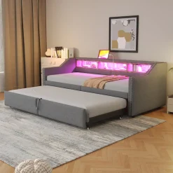 Lit banquette 90x200+180x200 cm gigogne avec rangement, éclairage LED, prise USB, structure lin métal MDF gris clair sans matelas