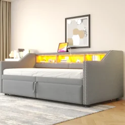 Lit banquette 90x200+180x200 cm gigogne avec rangement, éclairage LED, prise USB, structure lin métal MDF gris clair sans matelas