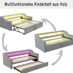 Lit banquette 90x200+180x200 cm gigogne avec rangement, éclairage LED, prise USB, structure lin métal MDF gris clair sans matelas