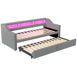 Lit banquette 90x200+180x200 cm gigogne avec rangement, éclairage LED, prise USB, structure lin métal MDF gris clair sans matelas