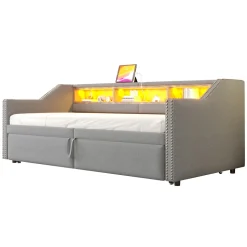 Lit banquette 90x200+180x200 cm gigogne avec rangement, éclairage LED, prise USB, structure lin métal MDF gris clair sans matelas