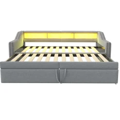 Lit banquette 90x200+180x200 cm gigogne avec rangement, éclairage LED, prise USB, structure lin métal MDF gris clair sans matelas