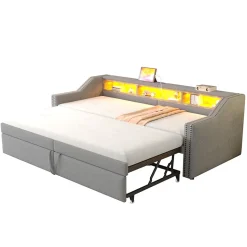 Lit banquette 90x200+180x200 cm gigogne avec rangement, éclairage LED, prise USB, structure lin métal MDF gris clair sans matelas
