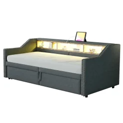Lit banquette 90x200+180x200 cm gigogne avec rangement, éclairage LED, prise USB, structure lin métal MDF gris foncé sans matelas