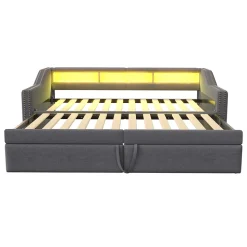 Lit banquette 90x200+180x200 cm gigogne avec rangement, éclairage LED, prise USB, structure lin métal MDF gris foncé sans matelas