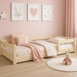 Lit bas Nordi 160x80 - Montessori bois naturel, lit enfant avec barreaux