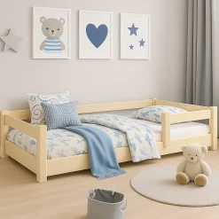 Lit bas Nordi 140x70 - Montessori bois naturel, lit enfant avec barreaux