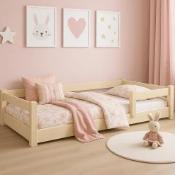 Lit bas Nordi 140x70 - Montessori bois naturel, lit enfant avec barreaux