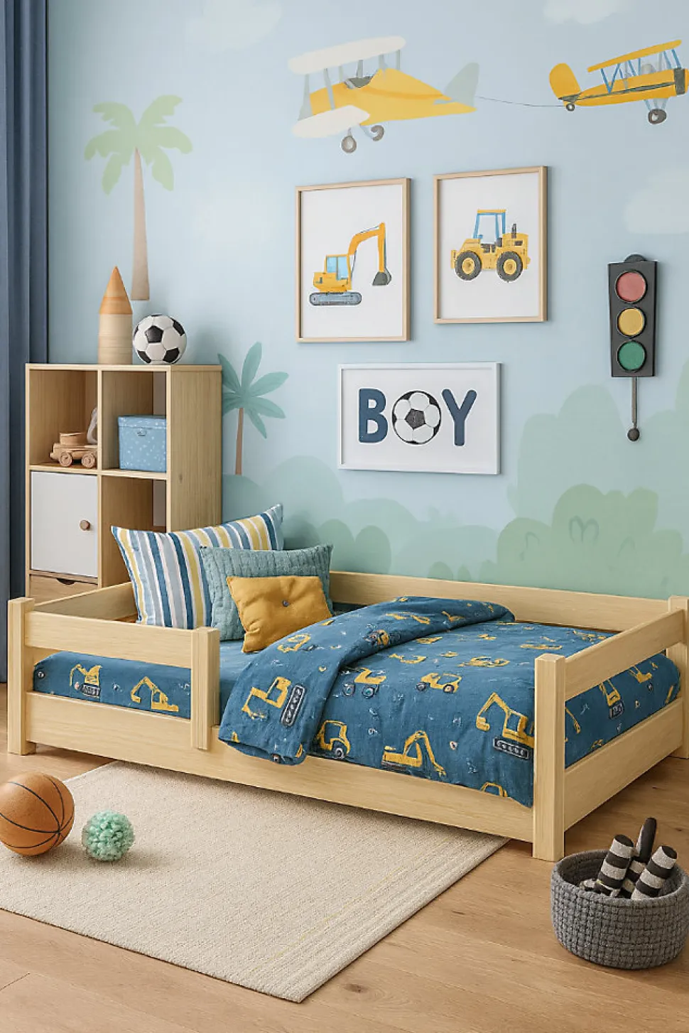 Lit bas Nordi 140x70 - Montessori bois naturel, lit enfant avec barreaux