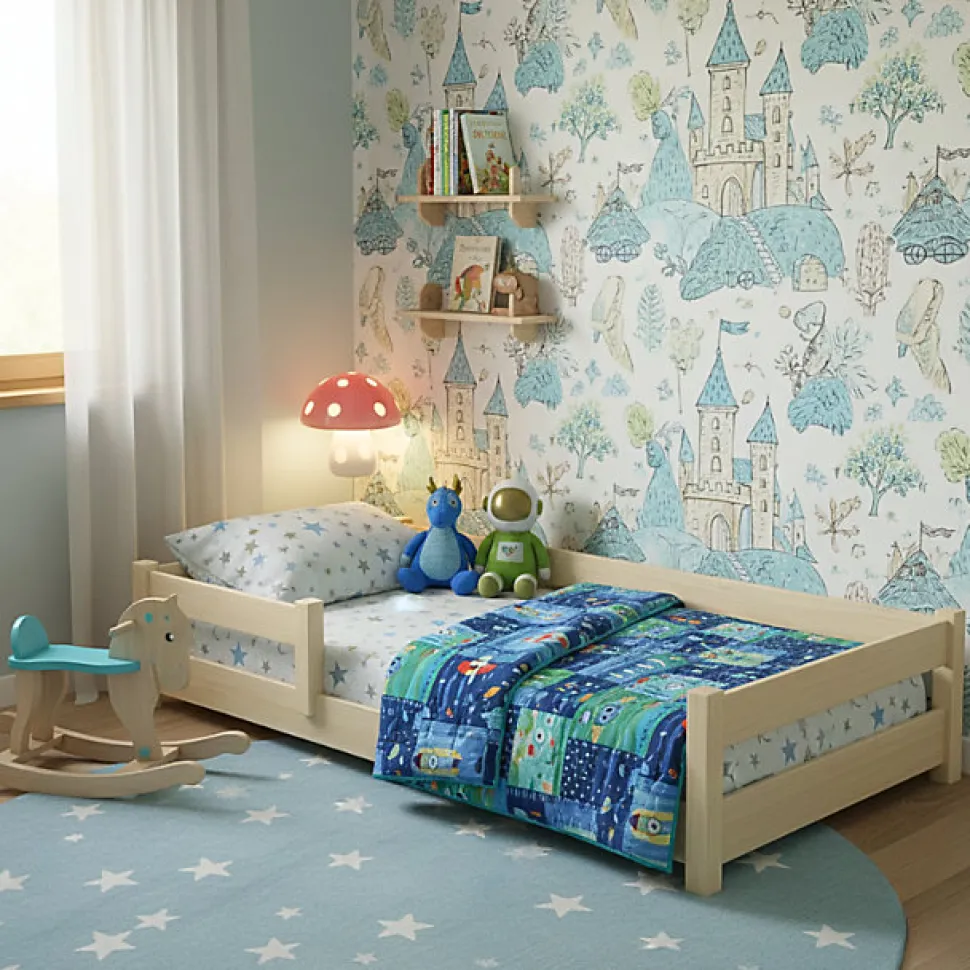 Lit bas Nordi 140x70 - Montessori bois naturel, lit enfant avec barreaux