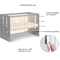 Lit Bébé Enfant évolutif à Barreaux Avec Sommier Réglable Gris / Bois 120x60 Cm