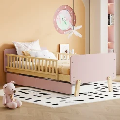 Lit bois 90 par 190 cm lit simple avec 2 tiroirs cadre en bois massif sommier rose