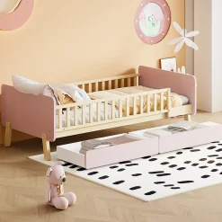 Lit bois 90 par 190 cm lit simple avec 2 tiroirs cadre en bois massif sommier rose