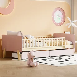 Lit bois 90 par 190 cm lit simple avec 2 tiroirs cadre en bois massif sommier rose