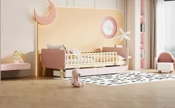 Lit bois 90 par 190 cm lit simple avec 2 tiroirs cadre en bois massif sommier rose