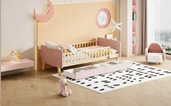 Lit bois 90 par 190 cm lit simple avec 2 tiroirs cadre en bois massif sommier rose