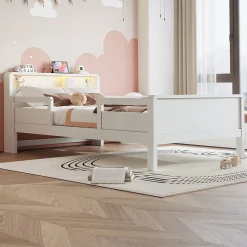 Lit bois 90 par 200 cm USB type C lampe LED tete de lit avec rangement lit enfant lit simple multifonction pin blanc