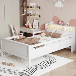 Lit bois 90 par 200 cm USB type C lampe LED tete de lit avec rangement lit enfant lit simple multifonction pin blanc