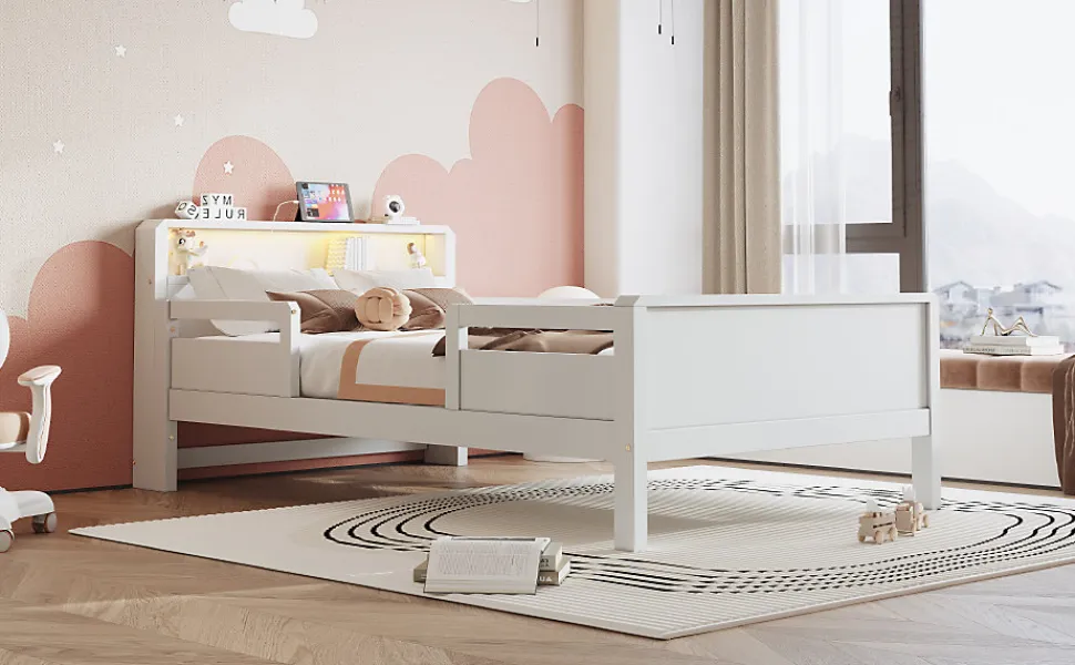 Lit bois 90 par 200 cm USB type C lampe LED tete de lit avec rangement lit enfant lit simple multifonction pin blanc