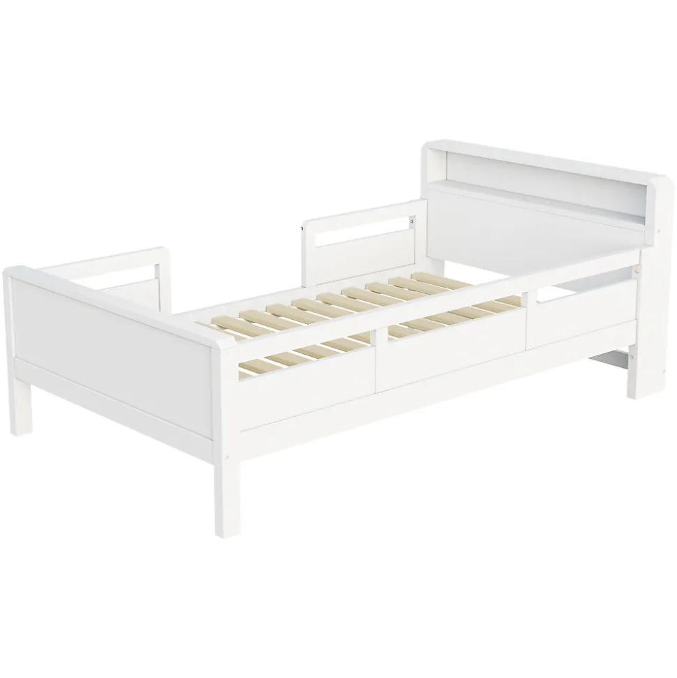 Lit bois 90 par 200 cm USB type C lampe LED tete de lit avec rangement lit enfant lit simple multifonction pin blanc