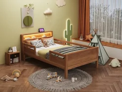 Lit bois massif quatre vingt dix par deux cents avec USB Type C lampe LED tete rangement lit simple fonctionnelle bois