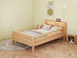 Lit bois massif quatre vingt dix par deux cents avec USB Type C lampe LED tete rangement lit simple fonctionnelle bois