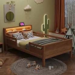 Lit bois massif quatre vingt dix par deux cents avec USB Type C lampe LED tete rangement lit simple fonctionnelle bois