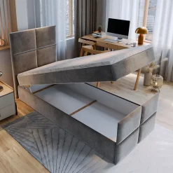 Lit Boxspring ARIEL 90 90X200 CM KRONOS 13, Bleu, Lit avec matelas et rangement