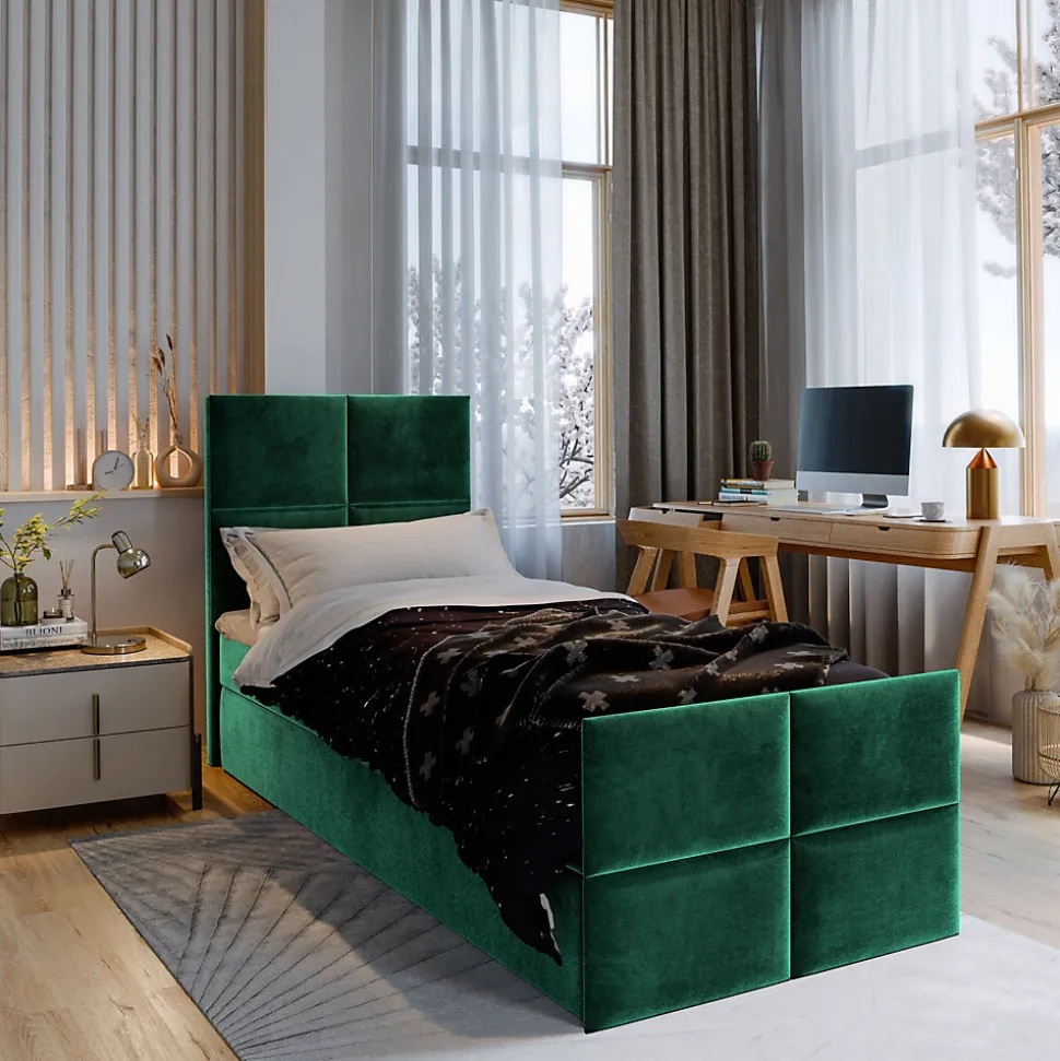 Lit Boxspring ARIEL 90 90X200 CM KRONOS 19, Vert, Lit avec matelas et rangement