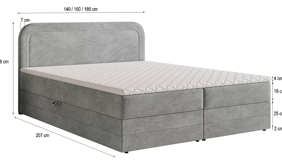 Lit Boxspring ARMEL 140X200 CM MONOLITH 84, Gris clair, Lit avec matelas et rangement