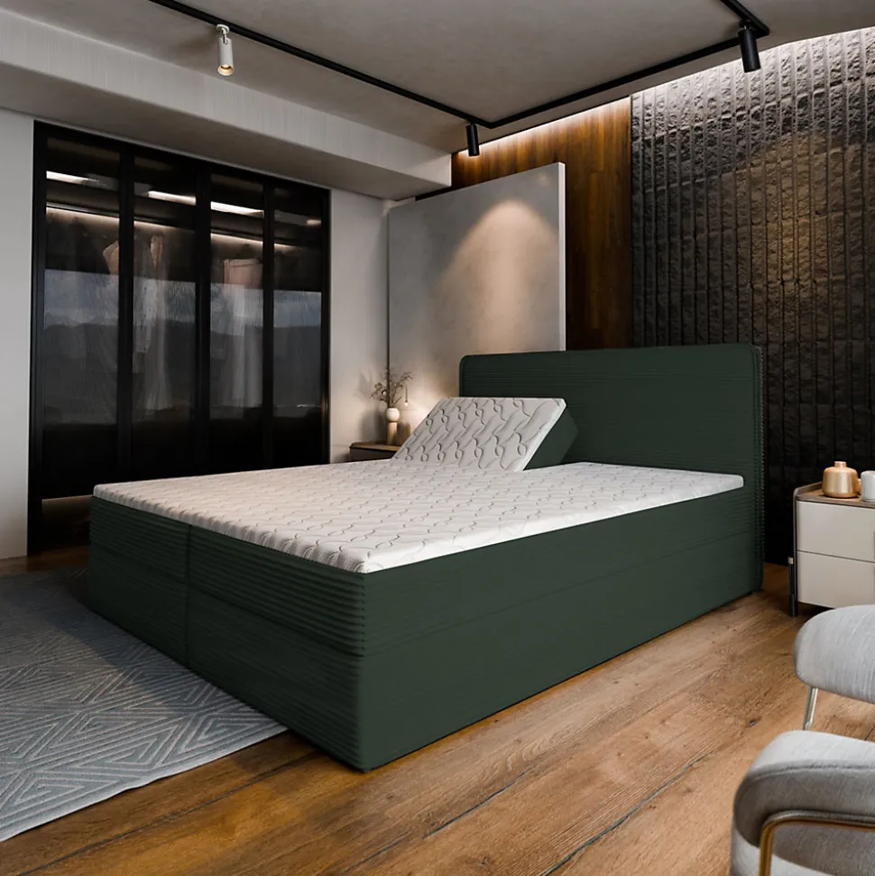 Lit Boxspring ASTOR 180X200 CM LINCOLN 39, Vert foncé, Lit avec matelas et rangement