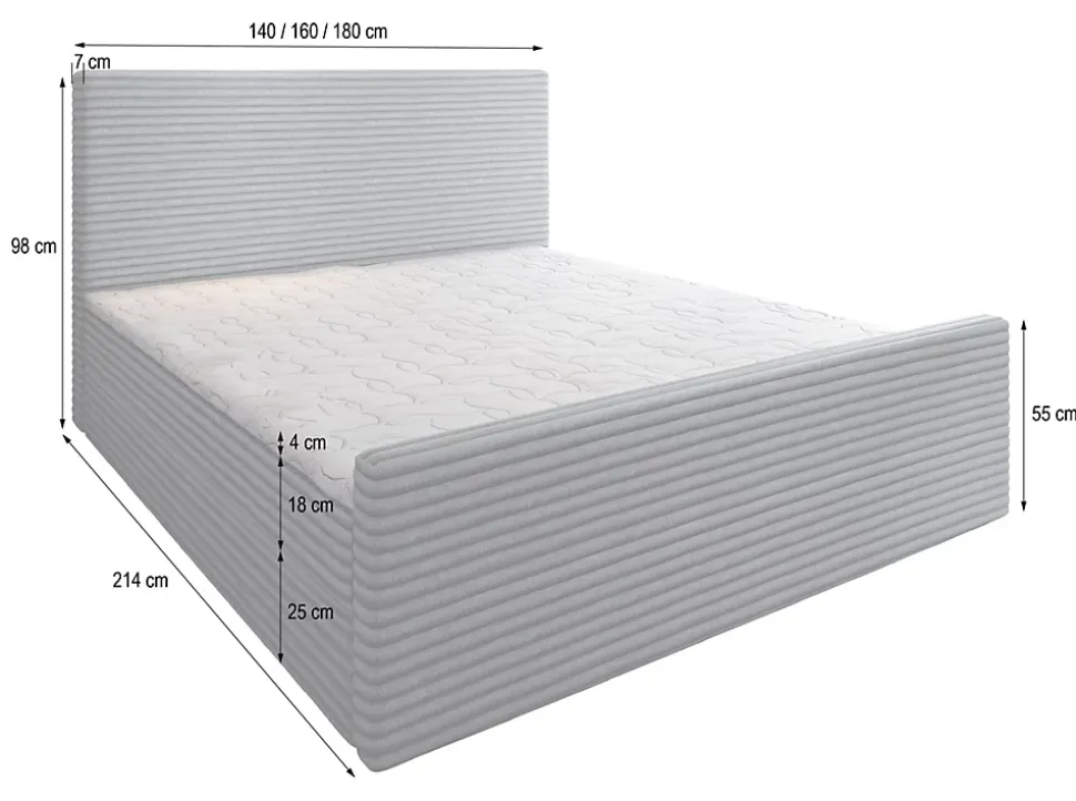 Lit Boxspring BRENTO 180X200 CM TILIA 86, Gris clair, Lit avec matelas et rangement