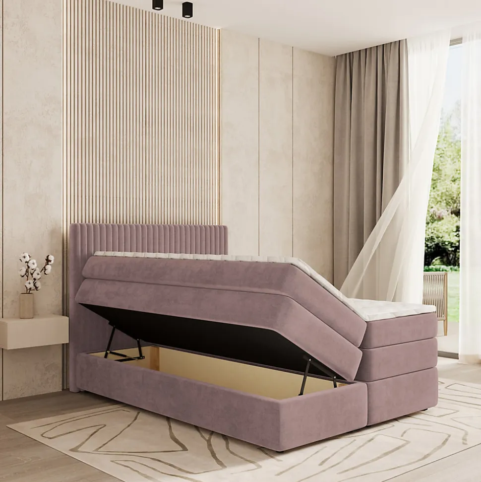 Lit Boxspring FELBIO 140X200 CM KRONOS 27, Rose, Lit avec matelas et rangement