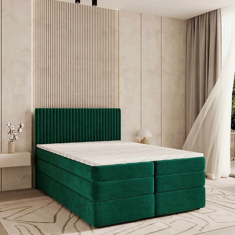 Lit Boxspring FELBIO 160X200 CM KRONOS 19, Vert foncé, Lit avec matelas et rangement