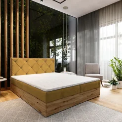 Lit Boxspring FOSCO 140X200 CM KRONOS 01, Jaune, Lit avec matelas et rangement